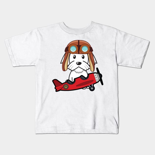 Cute white dog is in a vintage airplane Kids T-Shirt by Pet Station